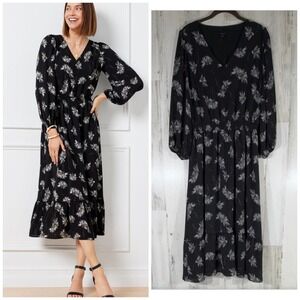 Talbots Stretch Crepe Midi Dress Chrysanthemum Blooms Black Floral Size 14
